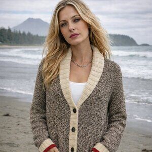 Cozy Cabin Button Up Sweater - Oatmeal, Red and  Cream Color